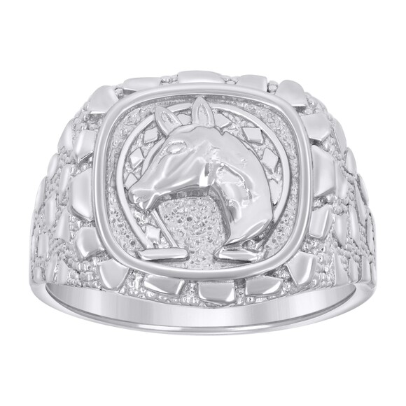 925 Sterling Silver Mens Nugget Horse Head Horseshoe Good Luck Ring Size 11